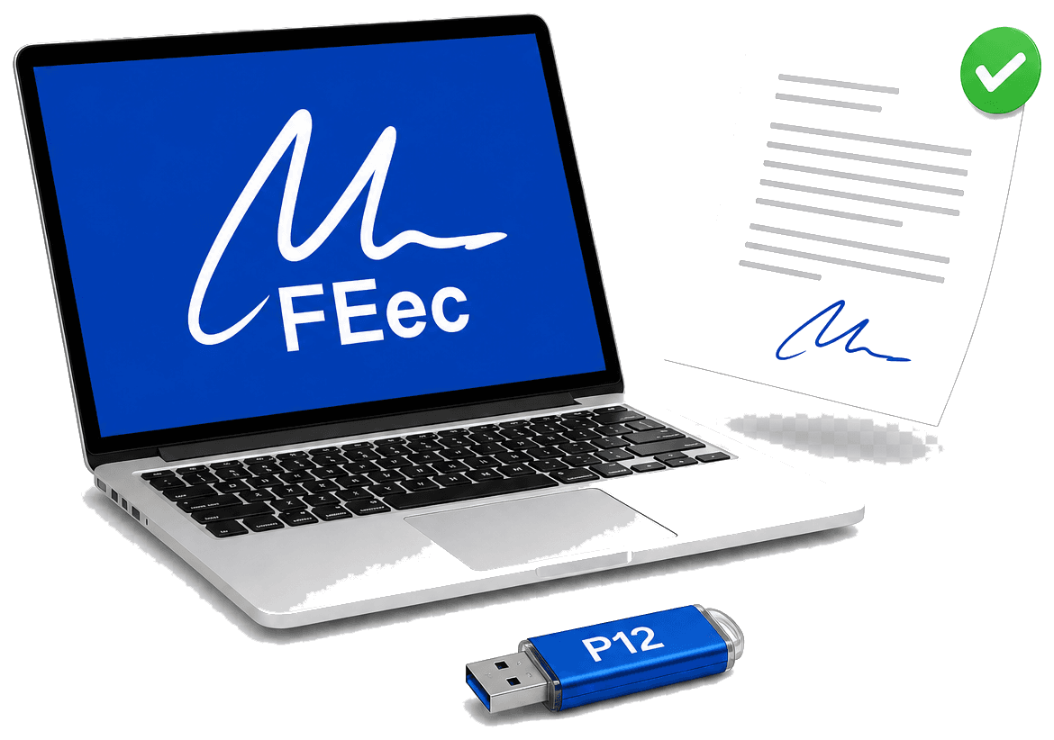 Laptop con logo FEec, documento firmado con verificación y token USB P12